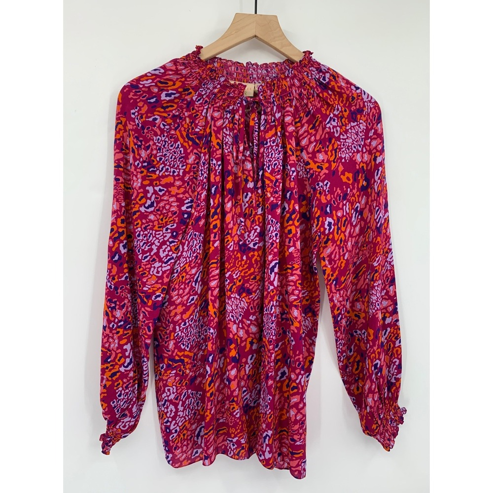 Rungolee Shirt Women XS Pink Silk Animal Print Smocked Neck Long Sleeve NWOT